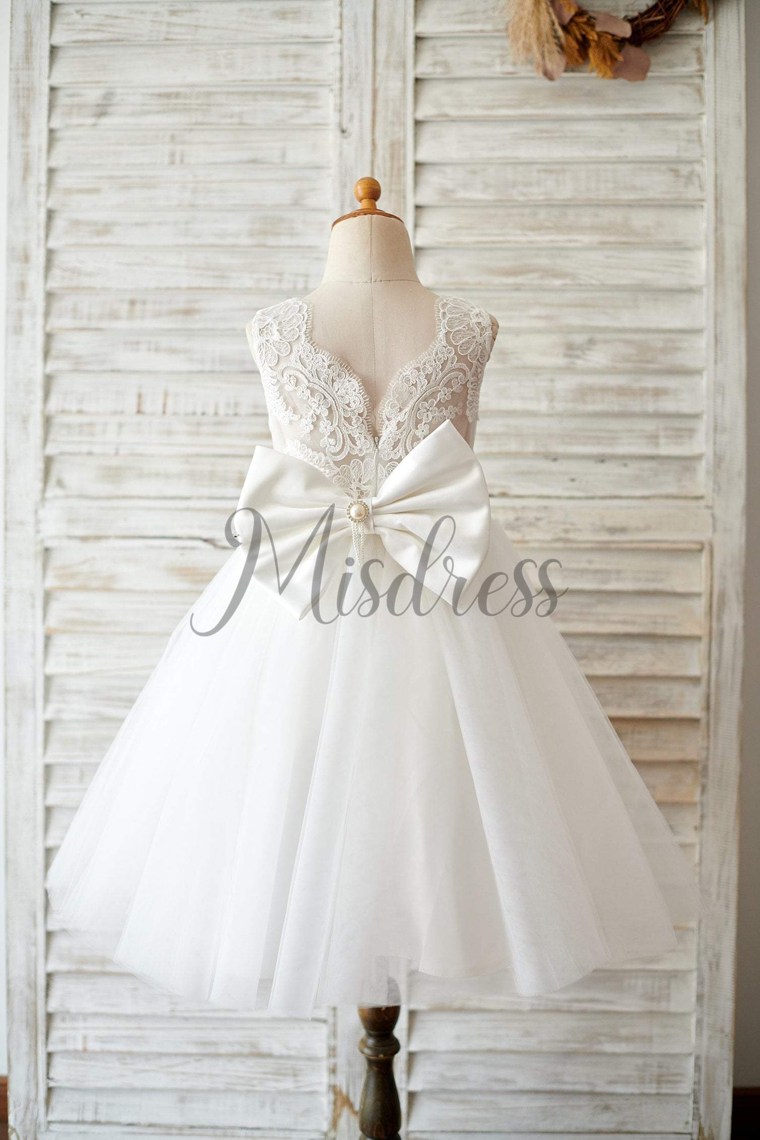 Princess V Back Ivory Lace Tulle Wedding Flower Girl Dress With Big Bow - Flower Girl Dresses