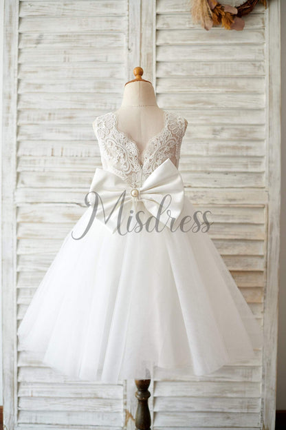 Princess V Back Ivory Lace Tulle Wedding Flower Girl Dress With Big Bow - Flower Girl Dresses