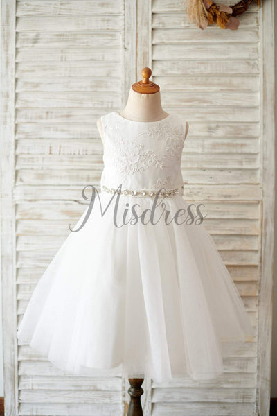 Princess V Back Ivory Lace Tulle Wedding Flower Girl Dress With Big Bow - Flower Girl Dresses