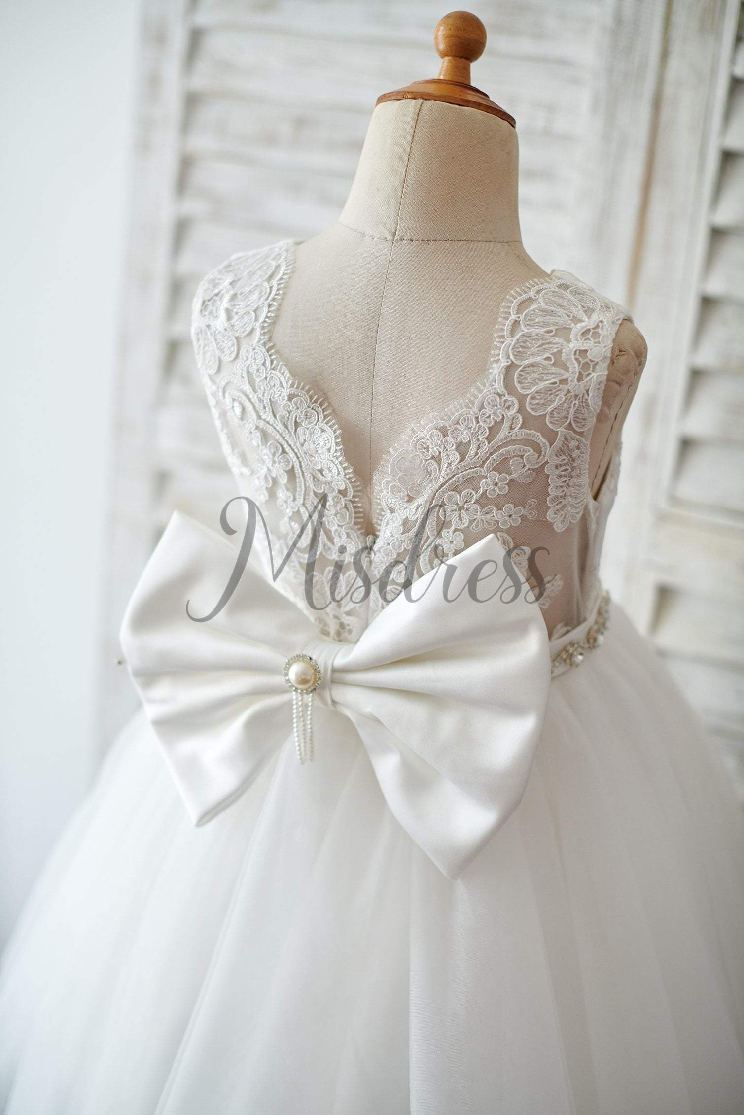 Princess V Back Ivory Lace Tulle Wedding Flower Girl Dress With Big Bow - Flower Girl Dresses