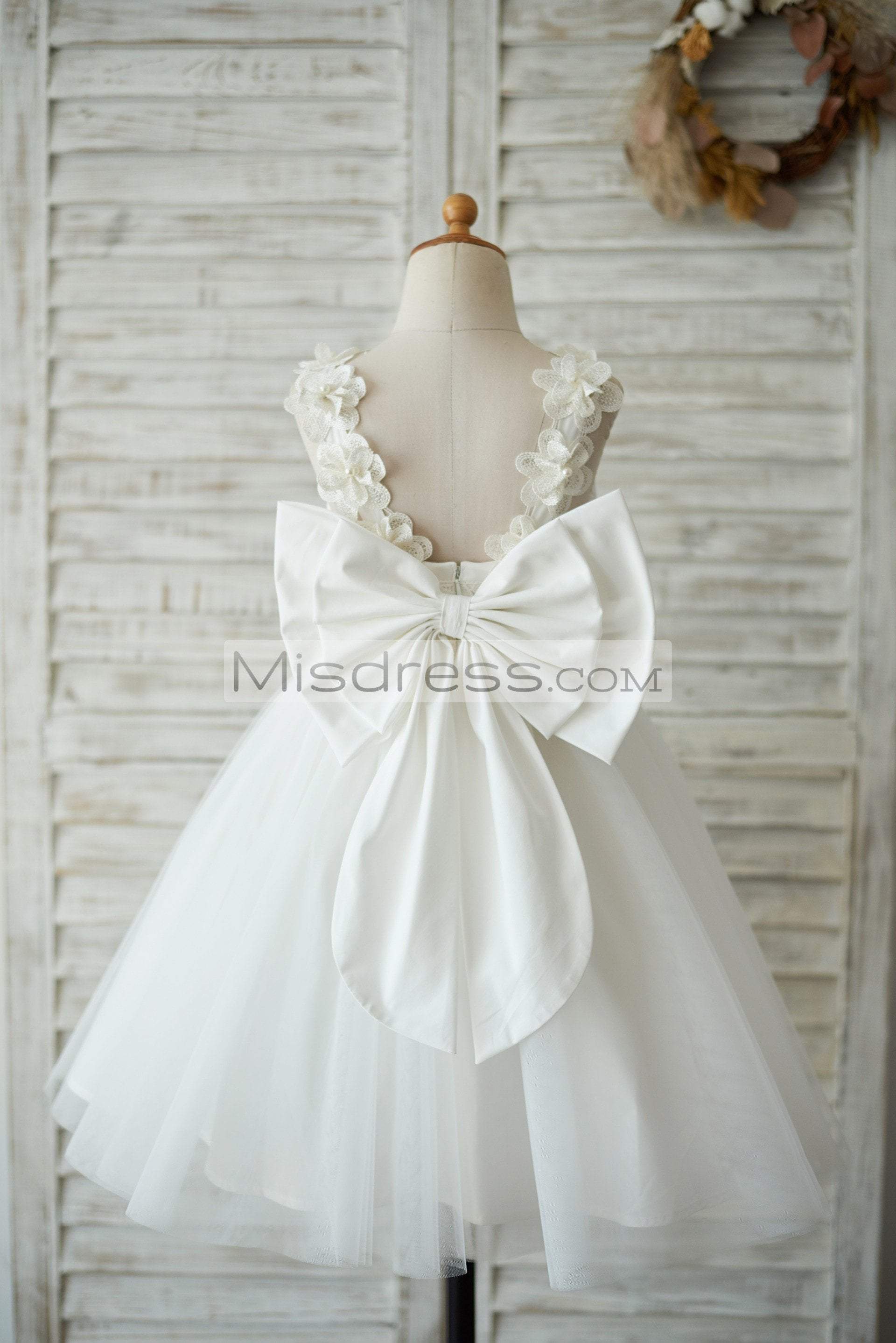 Ivory Lace Tulle V Back Wedding Flower Girl Dress with Big Bow - Flower Girl Dresses
