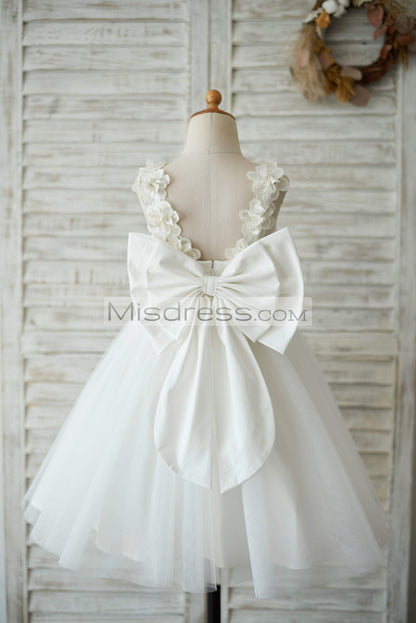 Ivory Lace Tulle V Back Wedding Flower Girl Dress with Big Bow - Flower Girl Dresses