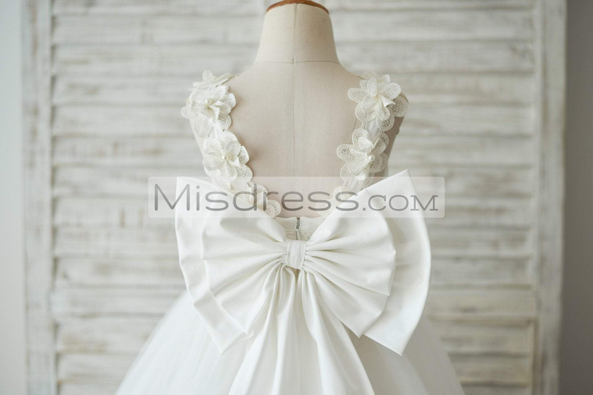 Ivory Lace Tulle V Back Wedding Flower Girl Dress with Big Bow - Flower Girl Dresses