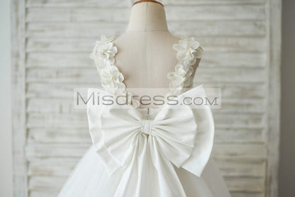 Ivory Lace Tulle V Back Wedding Flower Girl Dress with Big Bow - Flower Girl Dresses
