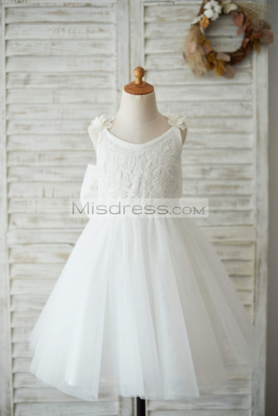 Ivory Lace Tulle V Back Wedding Flower Girl Dress with Big Bow - Flower Girl Dresses