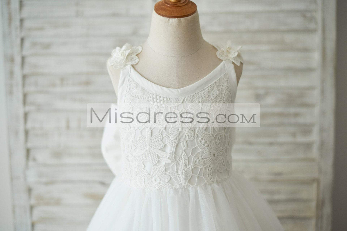 Ivory Lace Tulle V Back Wedding Flower Girl Dress with Big Bow - Flower Girl Dresses