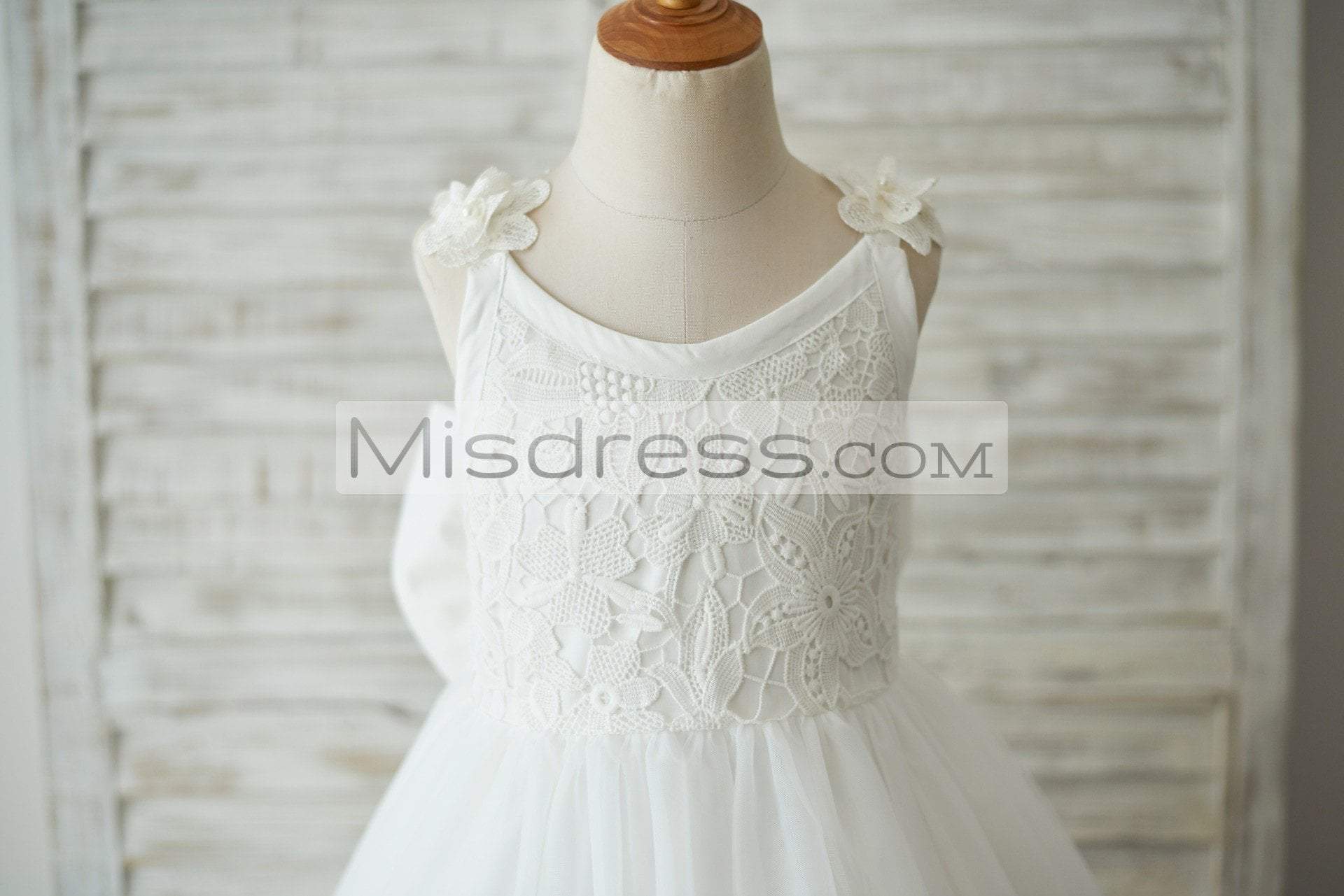 Ivory Lace Tulle V Back Wedding Flower Girl Dress with Big Bow - Flower Girl Dresses
