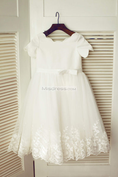 Ivory Satin Lace Tulle Wedding Flower Girl Dress with Short Sleeves - Flower Girl Dresses