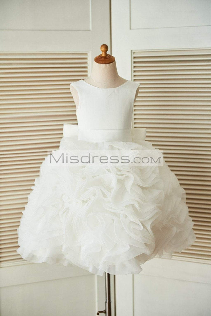 V back Ivory Satin Organza Ball Gown Wedding Flower Girl Dress - Flower Girl Dresses