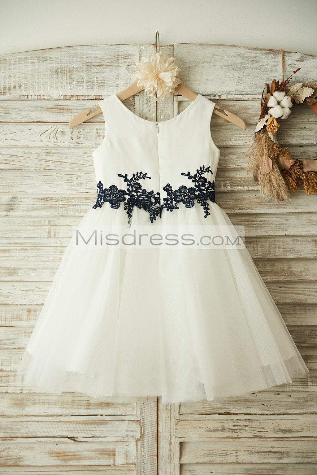 Ivory Satin Tulle Black Lace Wedding Flower Girl Dress - Flower Girl Dresses