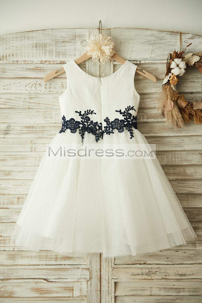 Ivory Satin Tulle Black Lace Wedding Flower Girl Dress - Flower Girl Dresses