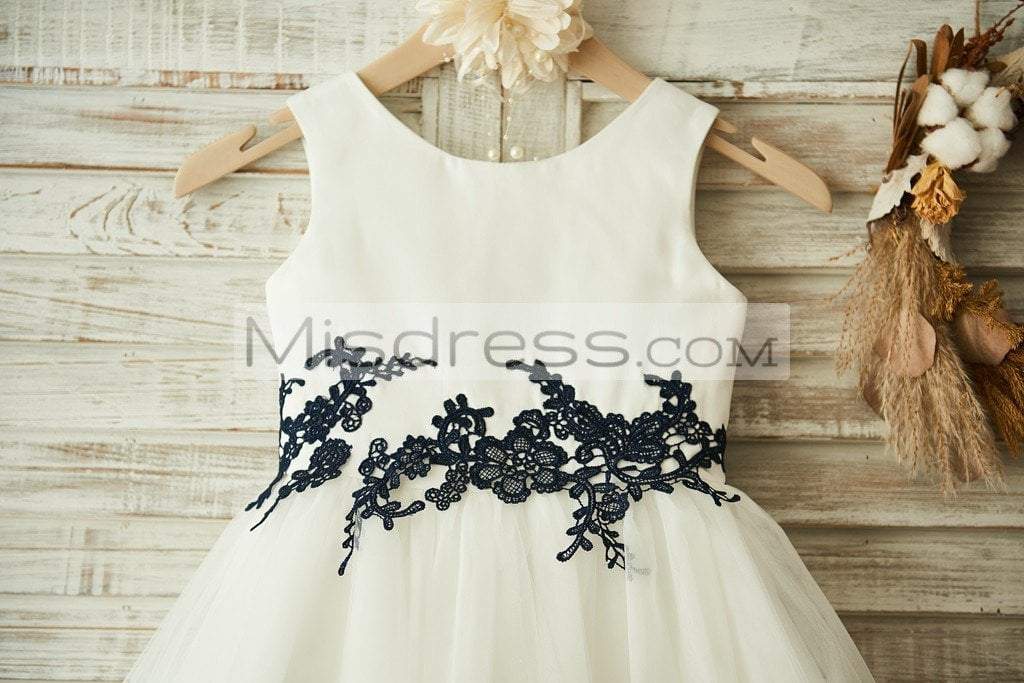 Ivory Satin Tulle Black Lace Wedding Flower Girl Dress - Flower Girl Dresses