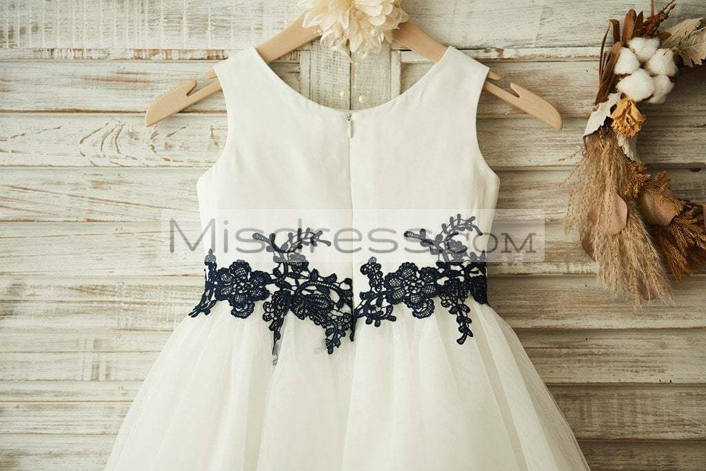 Ivory Satin Tulle Black Lace Wedding Flower Girl Dress - Flower Girl Dresses