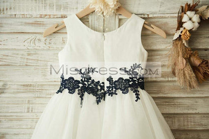 Ivory Satin Tulle Black Lace Wedding Flower Girl Dress - Flower Girl Dresses