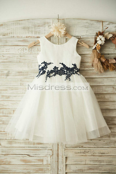 Ivory Satin Tulle Black Lace Wedding Flower Girl Dress - Flower Girl Dresses