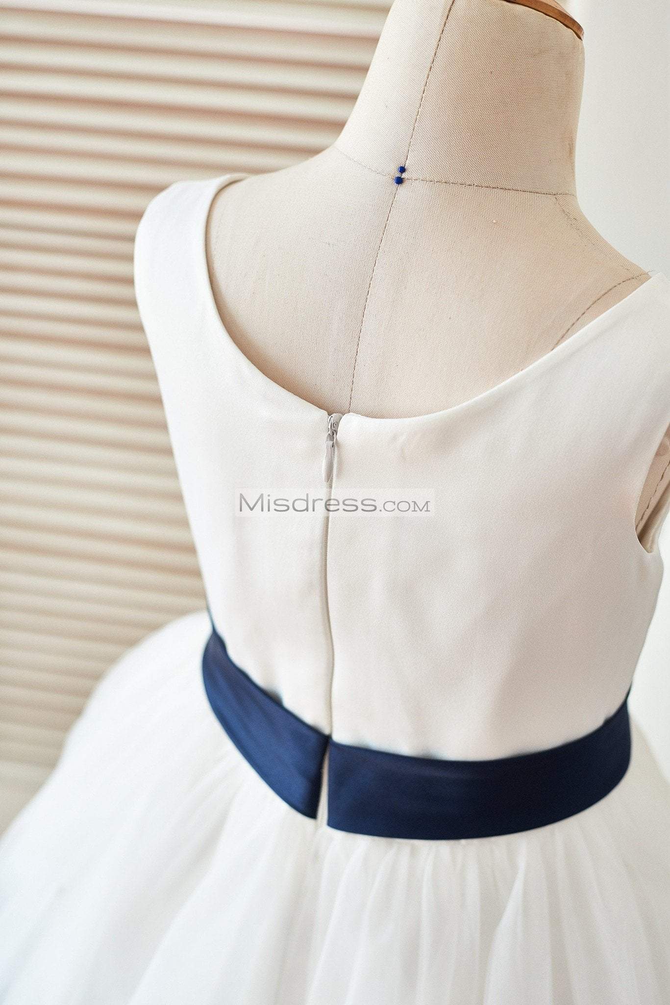 Ivory Satin Tulle Flower Girl Dress with Navy Blue Belt\Bow - Flower Girl Dresses