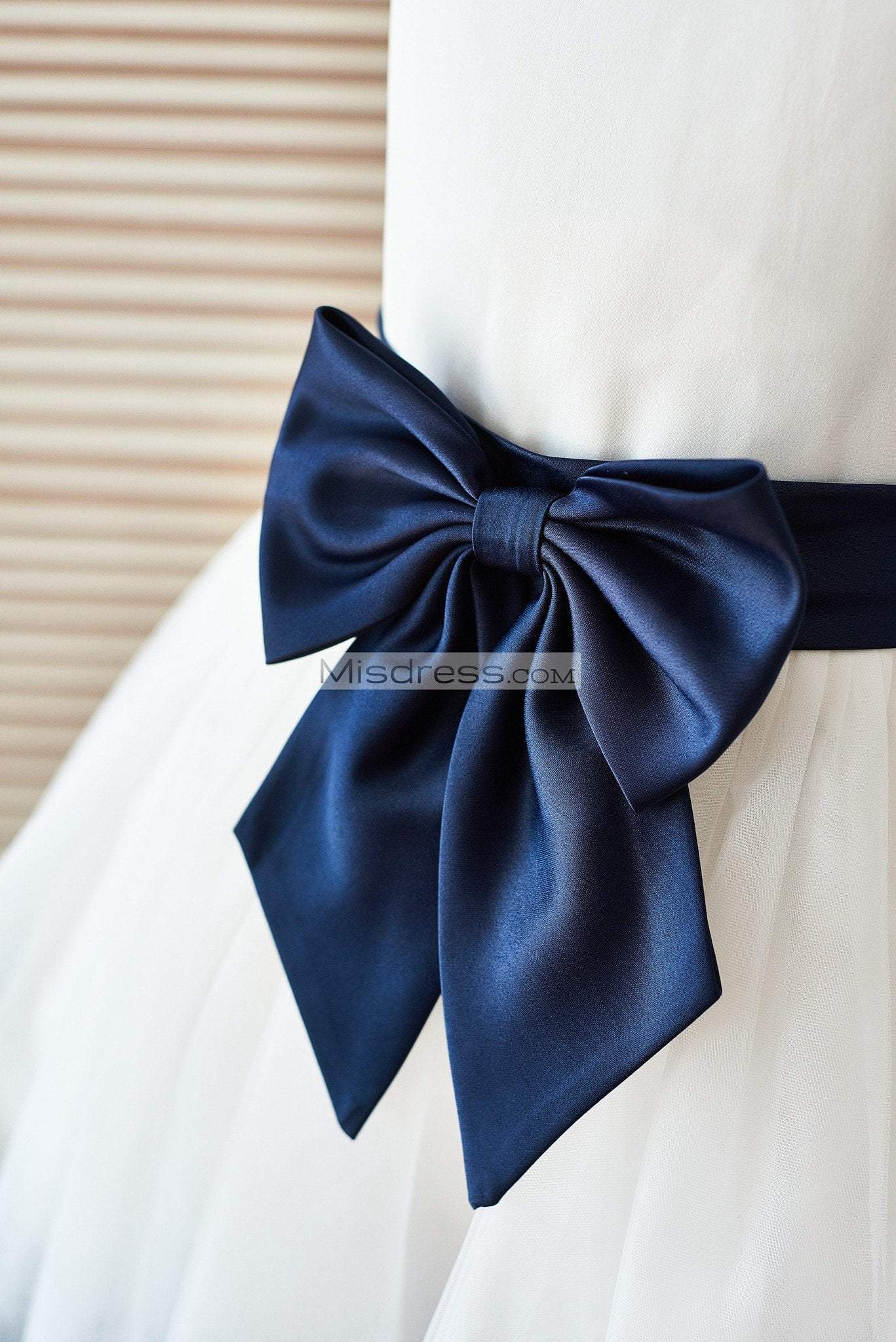 Ivory Satin Tulle Flower Girl Dress with Navy Blue Belt\Bow - Flower Girl Dresses