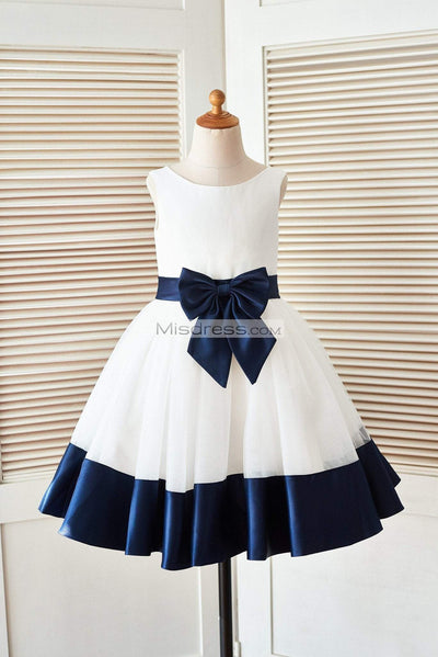 Ivory Satin Tulle Flower Girl Dress with Navy Blue Belt\Bow - Flower Girl Dresses
