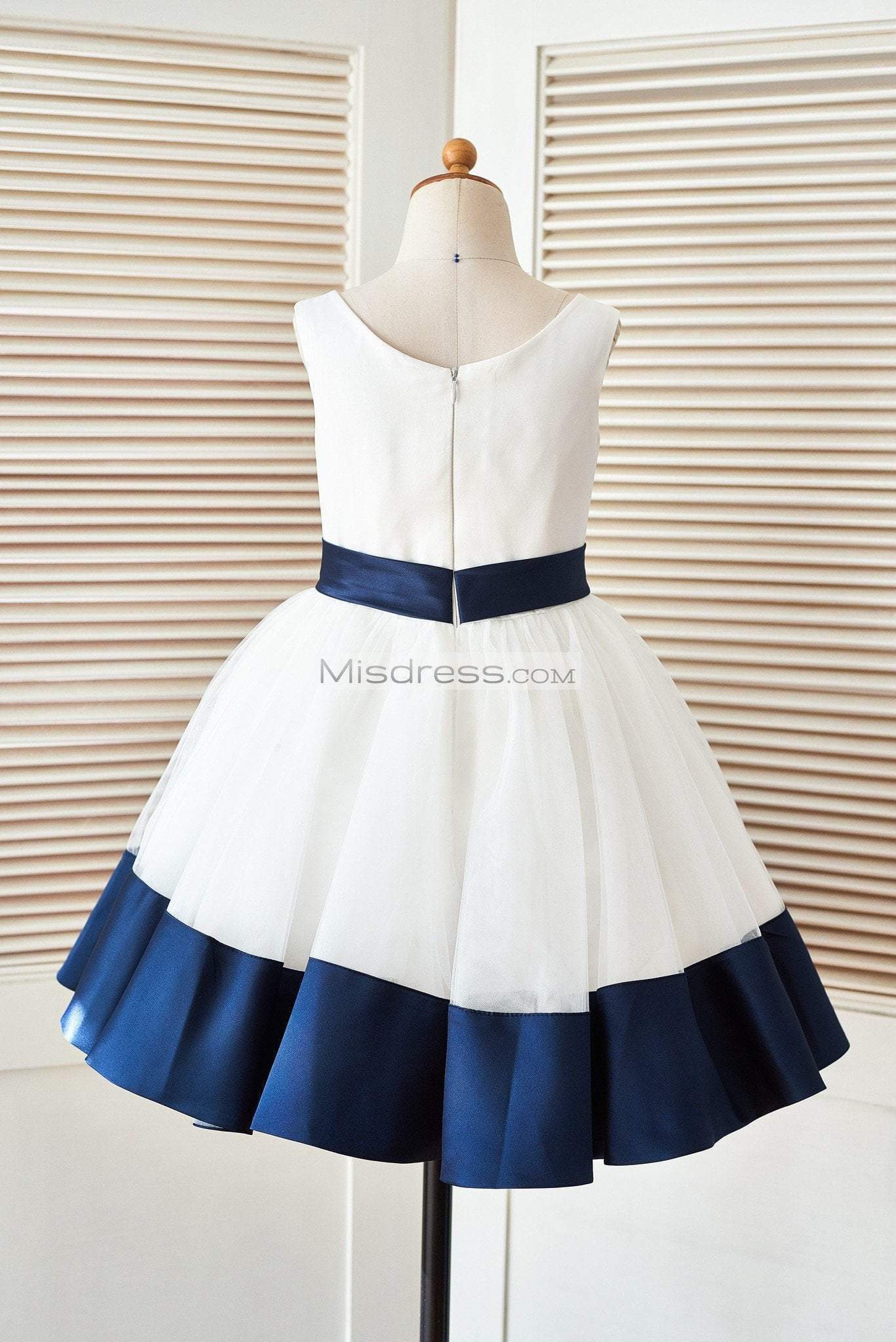 Ivory Satin Tulle Flower Girl Dress with Navy Blue Belt\Bow - Flower Girl Dresses