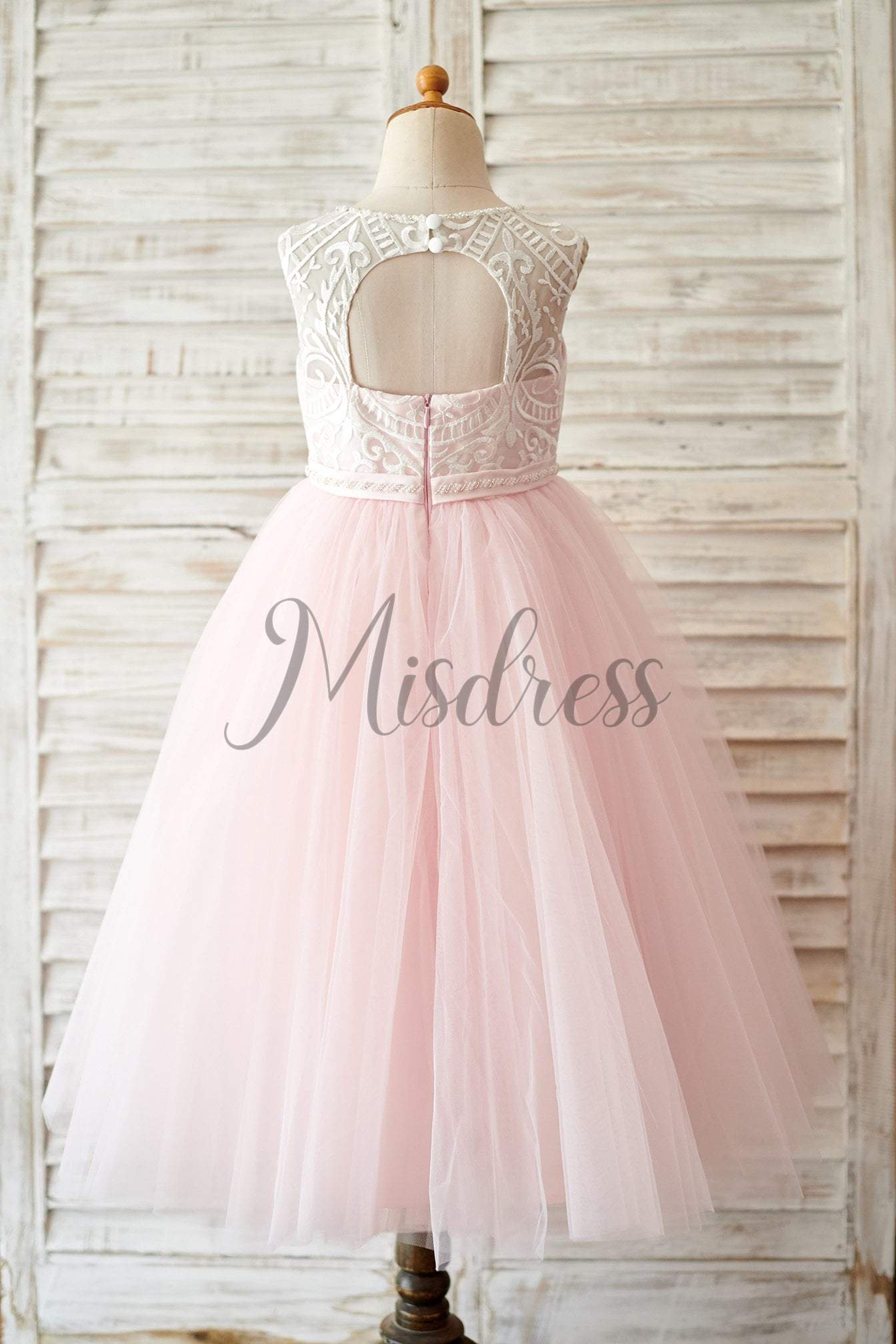 Princess Keyhole Back Ivory Lace Pink Tulle Wedding Flower Girl Dress - Flower Girl Dresses