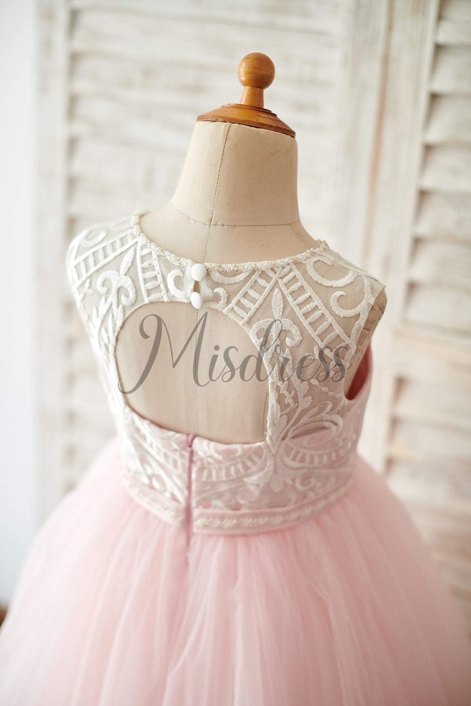 Princess Keyhole Back Ivory Lace Pink Tulle Wedding Flower Girl Dress - Flower Girl Dresses