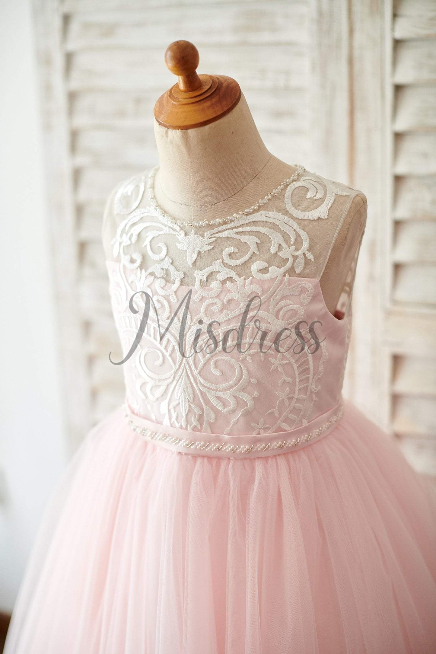 Princess Keyhole Back Ivory Lace Pink Tulle Wedding Flower Girl Dress - Flower Girl Dresses