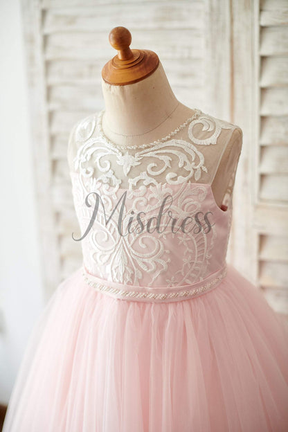 Princess Keyhole Back Ivory Lace Pink Tulle Wedding Flower Girl Dress - Flower Girl Dresses