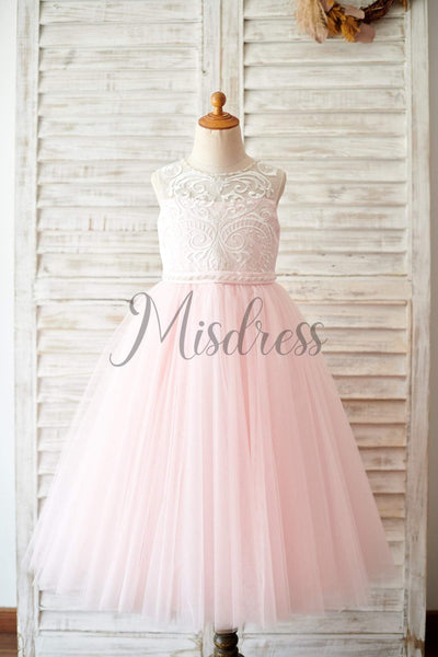 Princess Keyhole Back Ivory Lace Pink Tulle Wedding Flower Girl Dress - Flower Girl Dresses