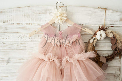 Mauve Tulle V Neck Wedding Flower Girl Dress with Beading - Flower Girl Dresses