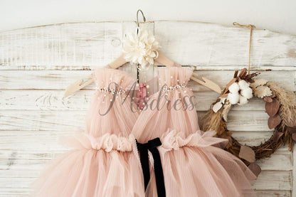 Mauve Tulle V Neck Wedding Flower Girl Dress with Beading - Flower Girl Dresses