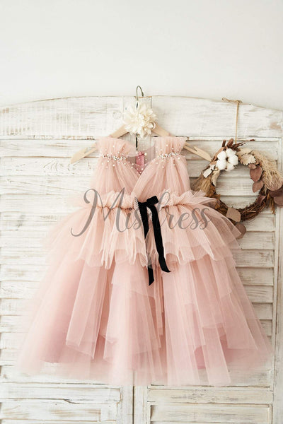 Mauve Tulle V Neck Wedding Flower Girl Dress with Beading - Flower Girl Dresses