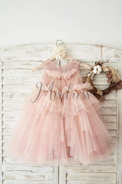 Mauve Tulle V Neck Wedding Flower Girl Dress with Beading - Flower Girl Dresses