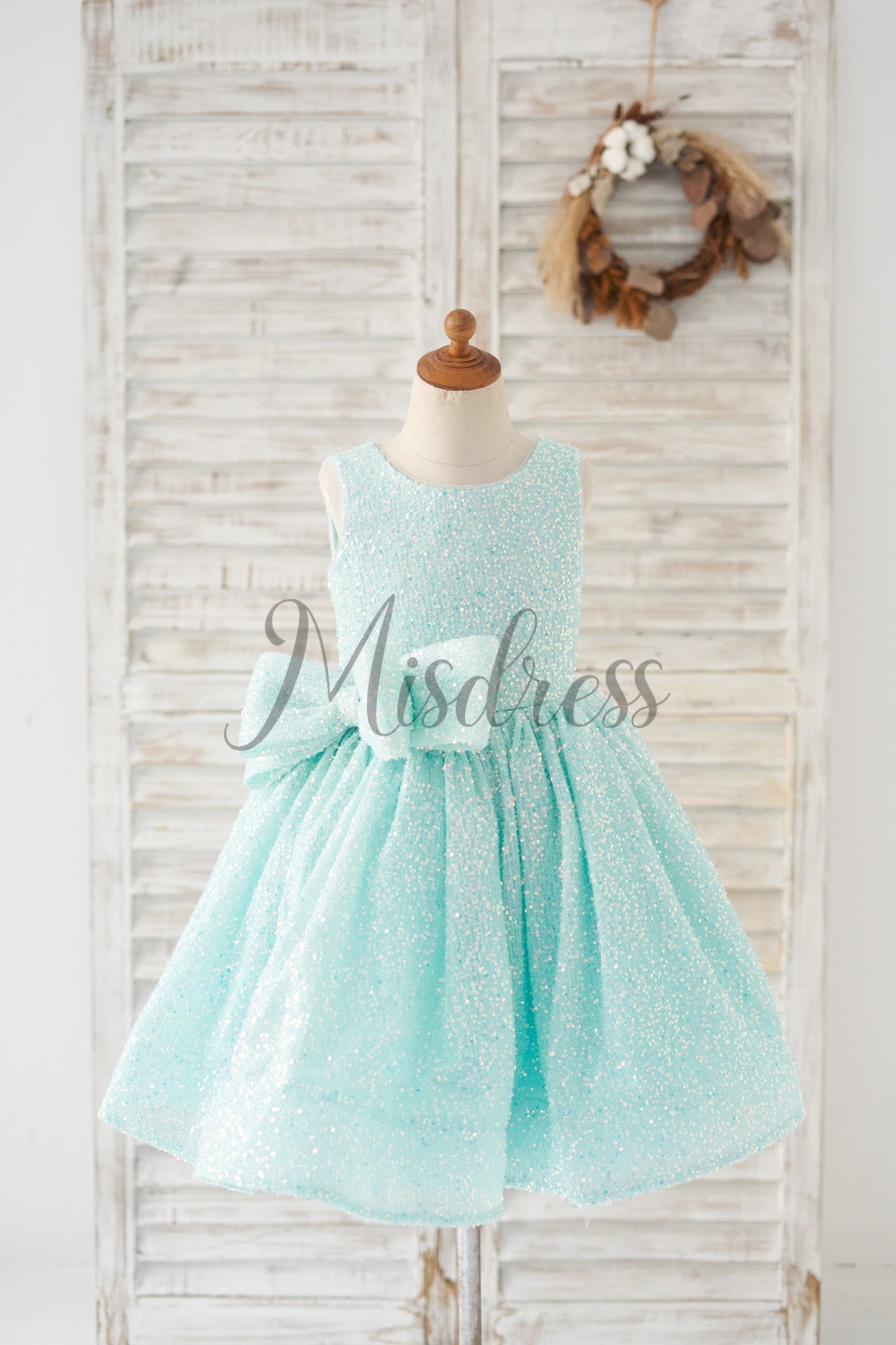 V Back Blue Sequin Wedding Flower Girl Dress Kids Party Dress with Bow - 1T