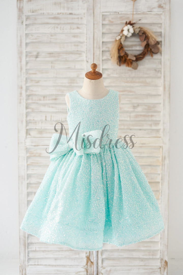 Princess V Back Mint Sequin Wedding Kids Party Flower Girl Dress 1T