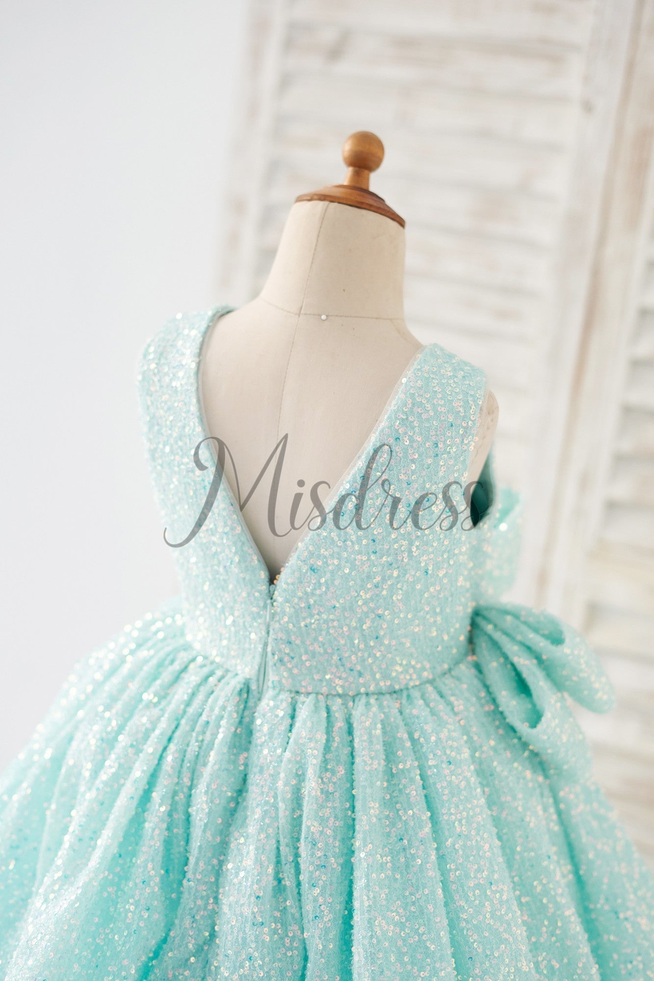 V Back Blue Sequin Wedding Flower Girl Dress Kids Party Dress with Bow