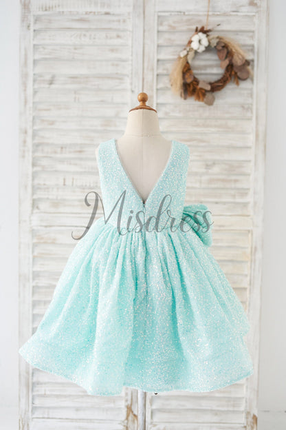 V Back Blue Sequin Wedding Flower Girl Dress Kids Party Dress with Bow
