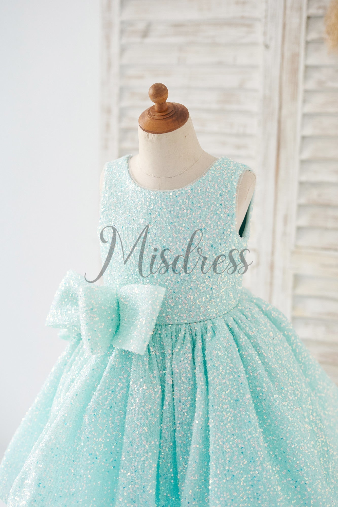 V Back Blue Sequin Wedding Flower Girl Dress Kids Party Dress with Bow