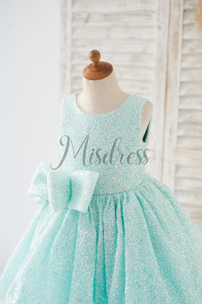 V Back Blue Sequin Wedding Flower Girl Dress Kids Party Dress with Bow