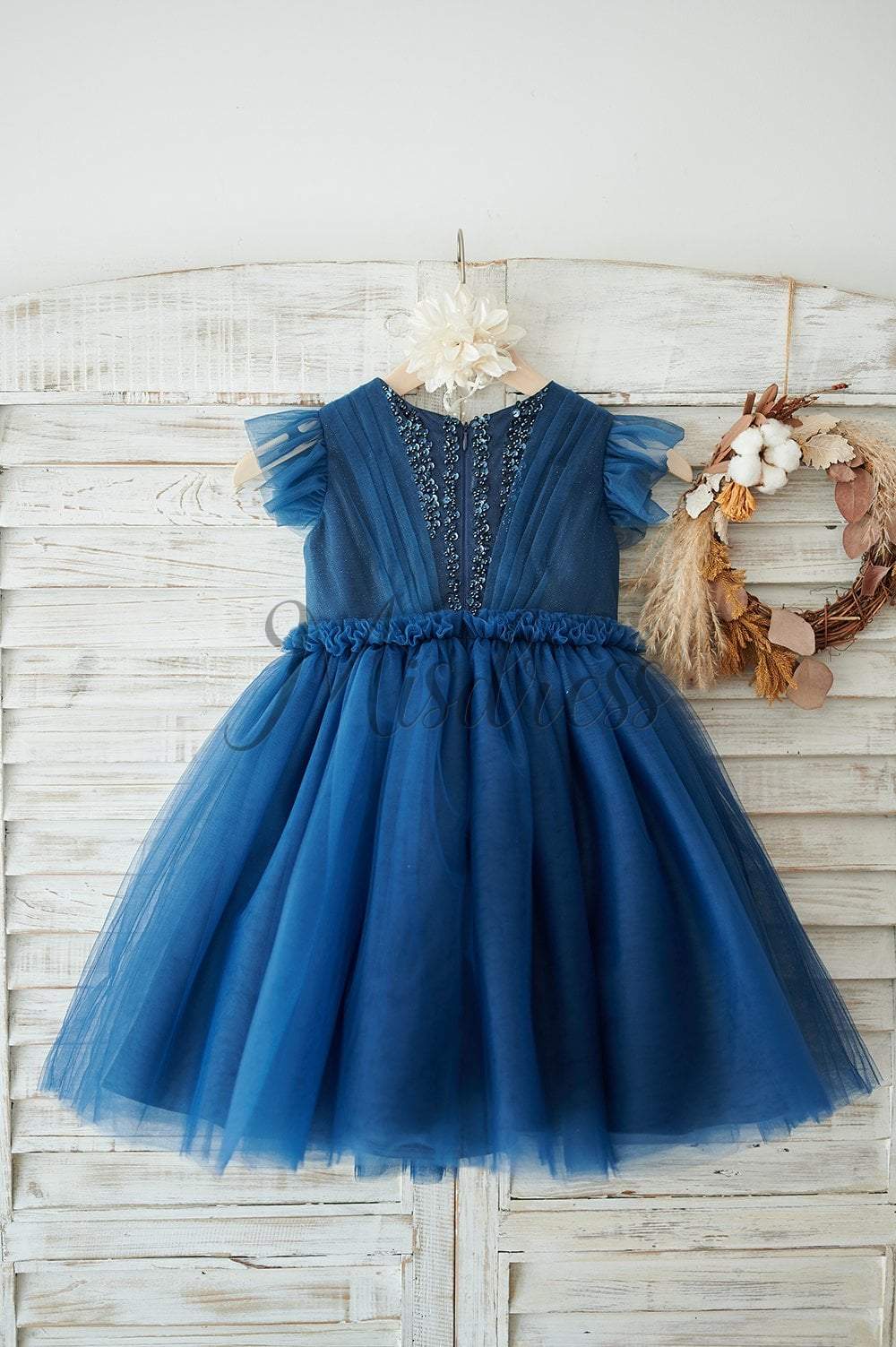 Navy Blue Glitter Tulle Cap Sleeves Beaded Wedding Flower Girl Dress - Flower Girl Dresses
