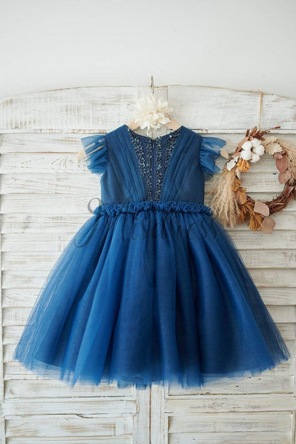 Navy Blue Glitter Tulle Cap Sleeves Beaded Wedding Flower Girl Dress - Flower Girl Dresses