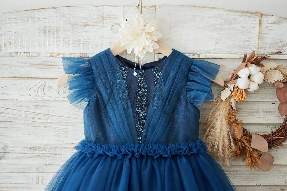 Navy Blue Glitter Tulle Cap Sleeves Beaded Wedding Flower Girl Dress - Flower Girl Dresses