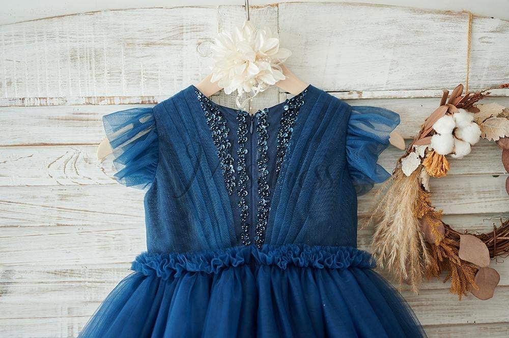 Navy Blue Glitter Tulle Cap Sleeves Beaded Wedding Flower Girl Dress - Flower Girl Dresses