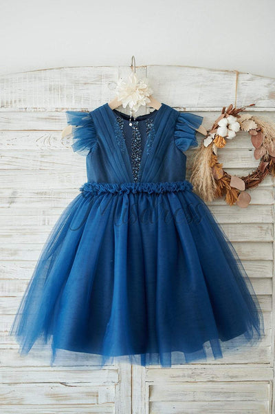 Navy Blue Glitter Tulle Cap Sleeves Beaded Wedding Flower Girl Dress - Flower Girl Dresses