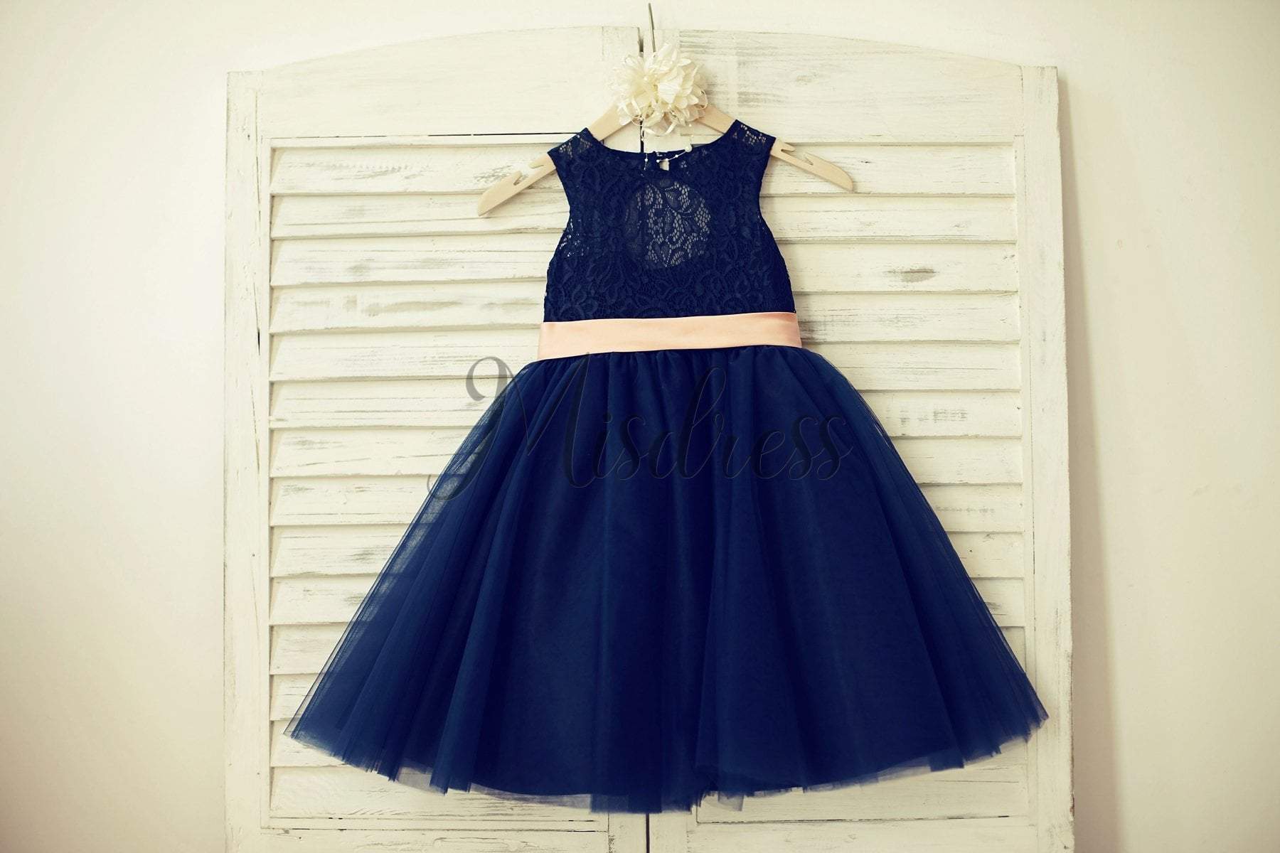 Navy Blue Lace Tulle Flower Girl Dress Keyhole Back with Blush Pink Bow Belt - 1T --- Chest = 20 inches/ Waist = 19 inches/ Hollow to knee =