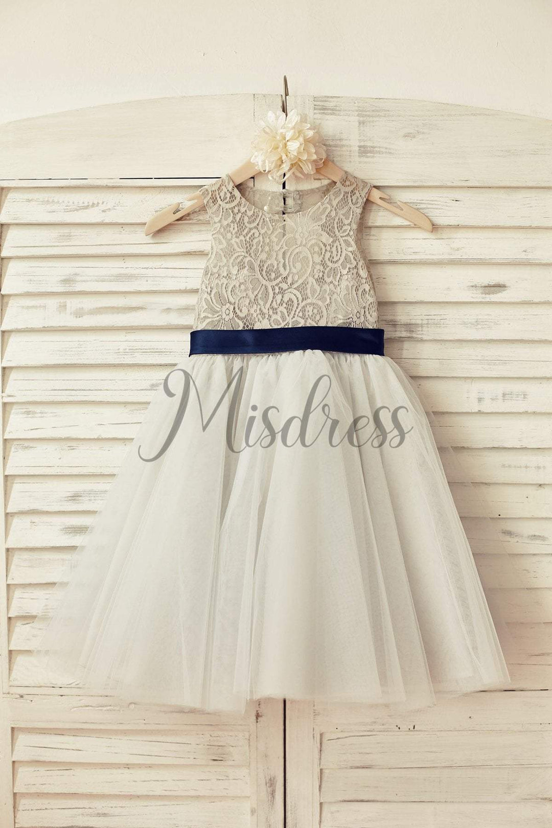 Princess Navy Blue Gray Lace Tulle Keyhole Back Flower Girl