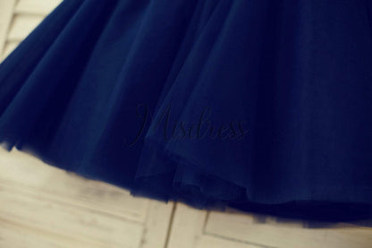 Navy Blue Lace Tulle Flower Girl Dress Keyhole Back with Blush Pink Bow Belt - Flower Girl Dresses