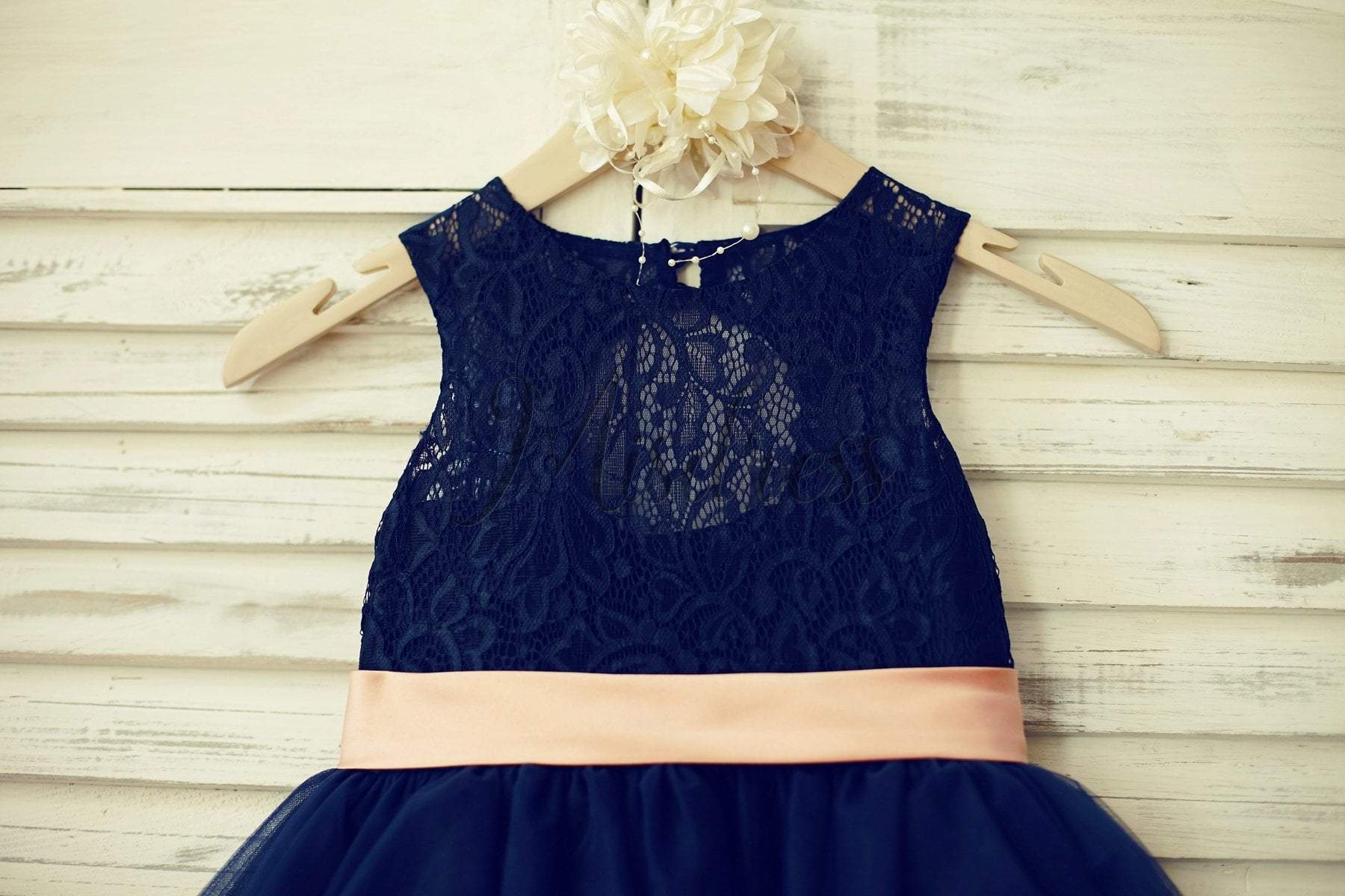 Navy Blue Lace Tulle Flower Girl Dress Keyhole Back with Blush Pink Bow Belt - Flower Girl Dresses