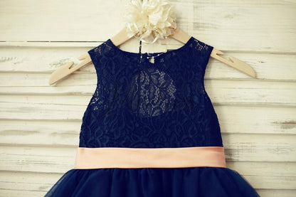 Navy Blue Lace Tulle Flower Girl Dress Keyhole Back with Blush Pink Bow Belt - Flower Girl Dresses