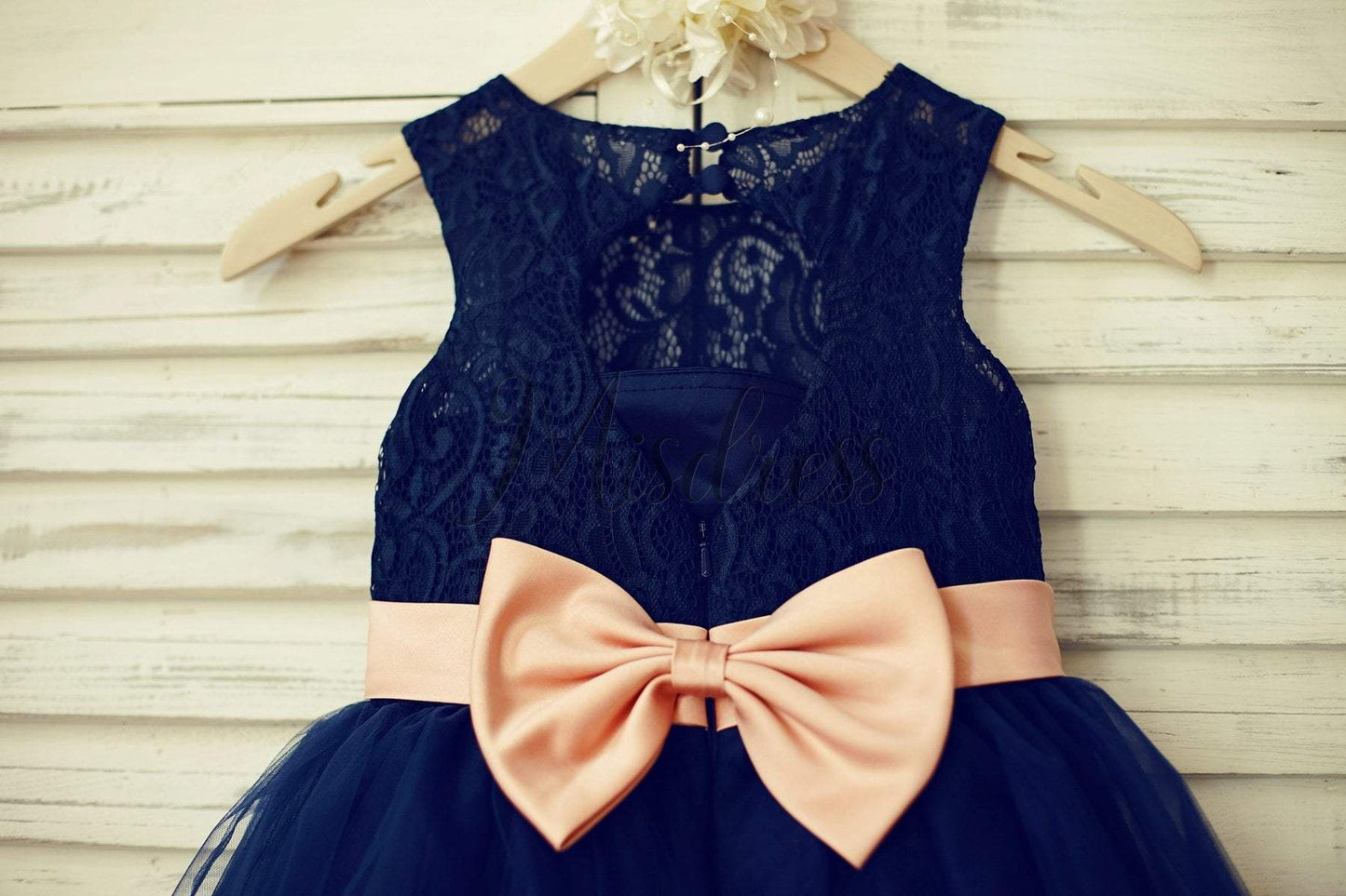 Navy Blue Lace Tulle Flower Girl Dress Keyhole Back with Blush Pink Bow Belt - Flower Girl Dresses