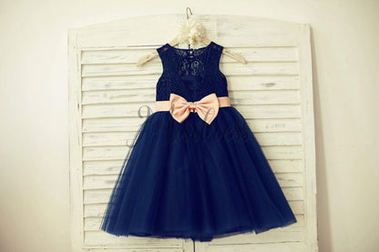 Navy Blue Lace Tulle Flower Girl Dress Keyhole Back with Blush Pink Bow Belt - Flower Girl Dresses
